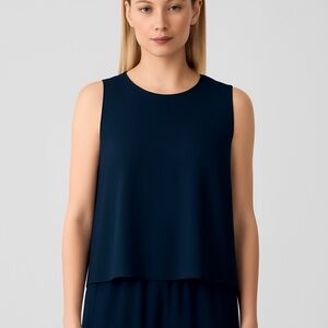 Eileen Fisher Silk Georgette Crepe Round Neck Navy Tank